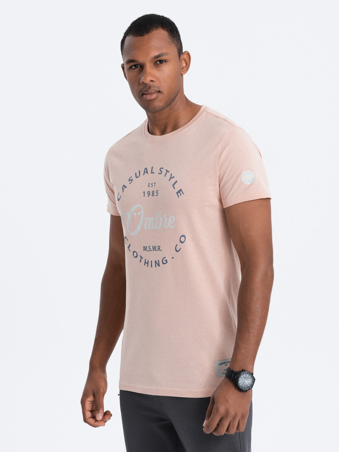 T-shirt męski bawełniany z nadrukiem - jasnoróżowy V3 S1752