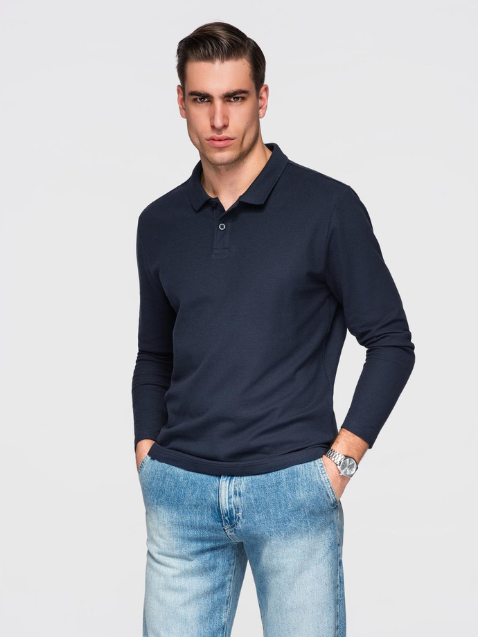 Męski longsleeve BASIC z kołnierzykiem polo – granatowy V3 OM-POBL-0162