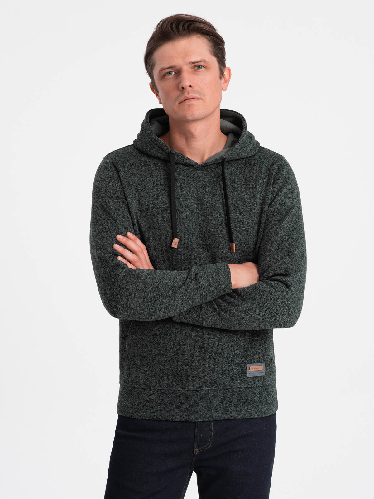 Bluza męska nierozpinana kangurka z kapturem - oliwkowy melanż V3 OM-SSNZ-0147
 -                                    XL