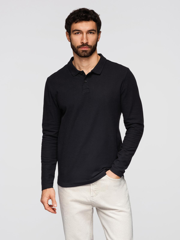 Longsleeve męski z kołnierzykiem polo BASIC – czarny V2 OM-POBL-0162