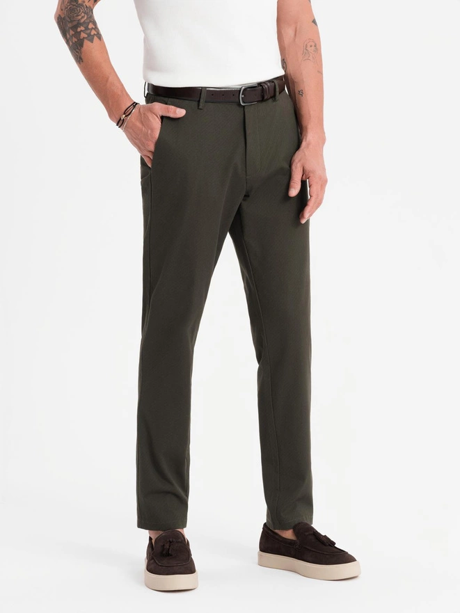Męskie spodnie chino REGULAR FIT z delikatną strukturą – ciemnozielone V4  OM-PACP-0184