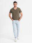 Męska klasyczna bawełniana koszulka z dekoltem w serek BASIC – ciemnooliwkowa V6 OM-TSBS-0237