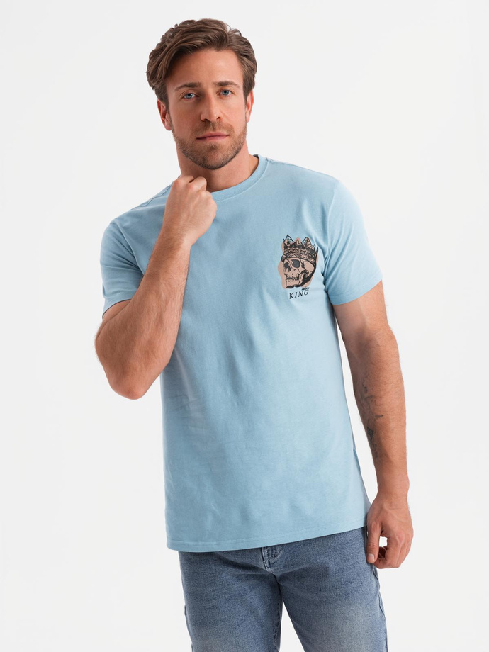 T-shirt męski bawełniany z nadrukiem na klatce piersiowej - jasnoniebieski V2 OM-TSPT-0167