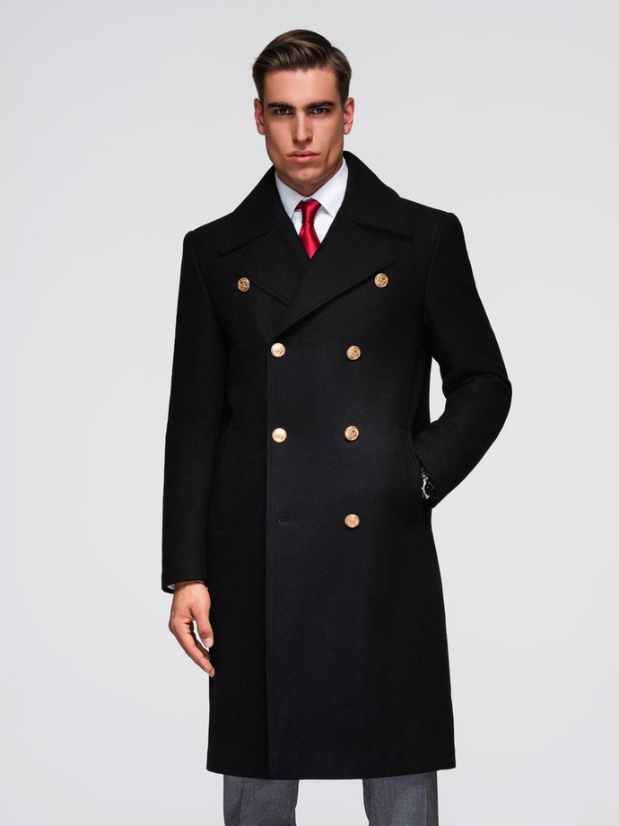 Elegancki militarny dwurzędowy płaszcz męski z wełną - czarny V1 OM-COWC-0145