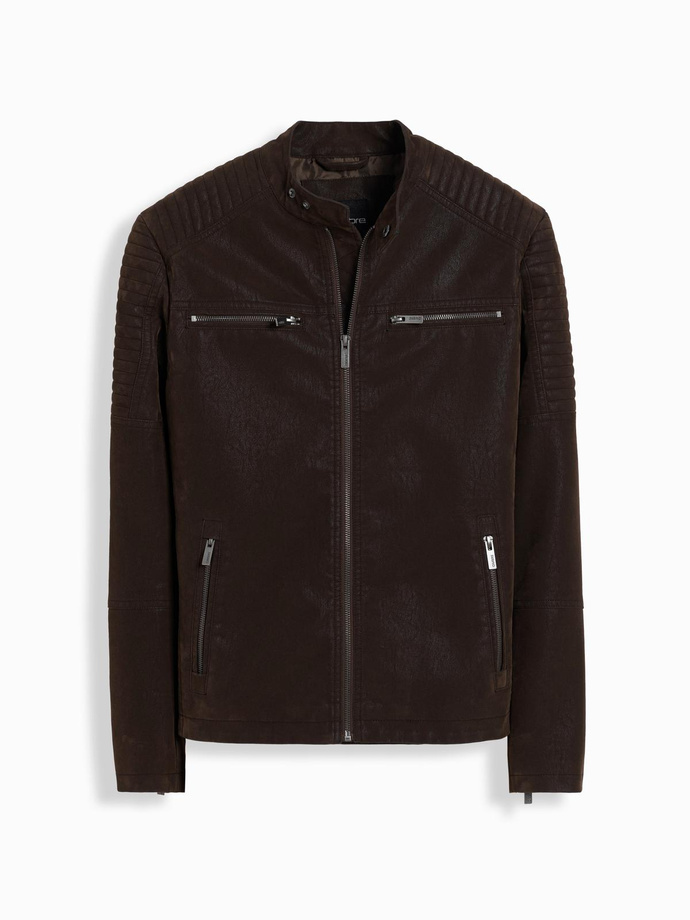 Męska kurtka biker w stylu retro ze stójką – brązowa V1 OM-JAFL-0197
