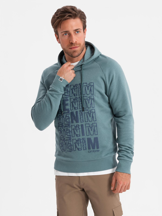 Bluza męska kangurka nierozpinana z kapturem i nadrukiem - turkusowa V2 OM-SSPS-0158