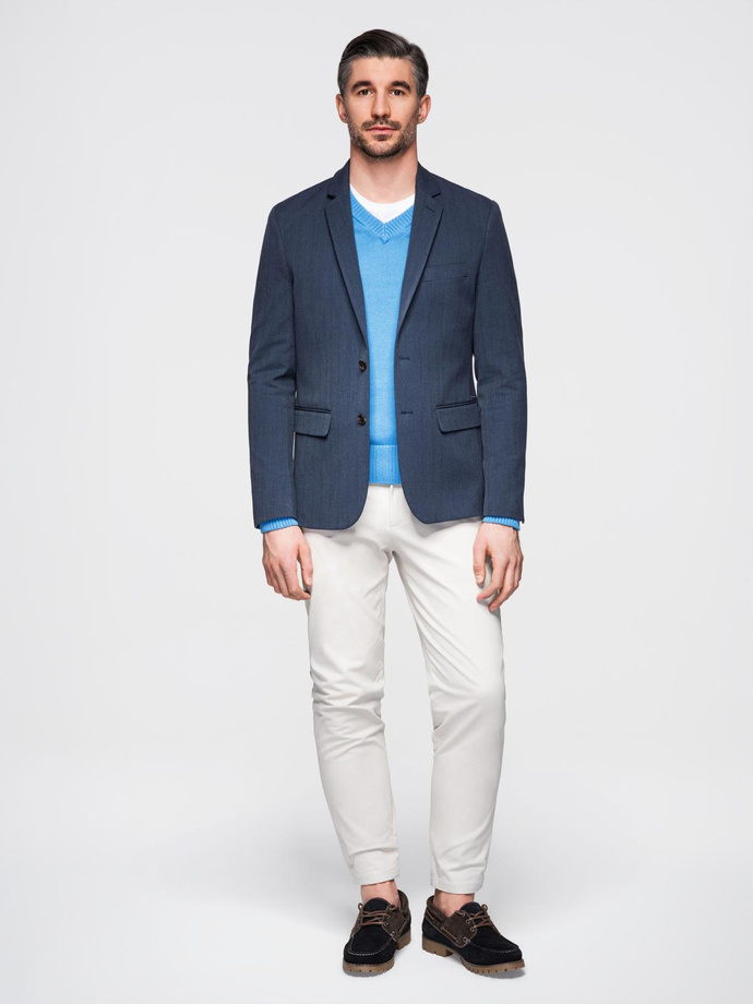 Elegancka marynarka męska SLIM FIT z rayonem – ciemnoniebieska V3 OM-BLZB-0135