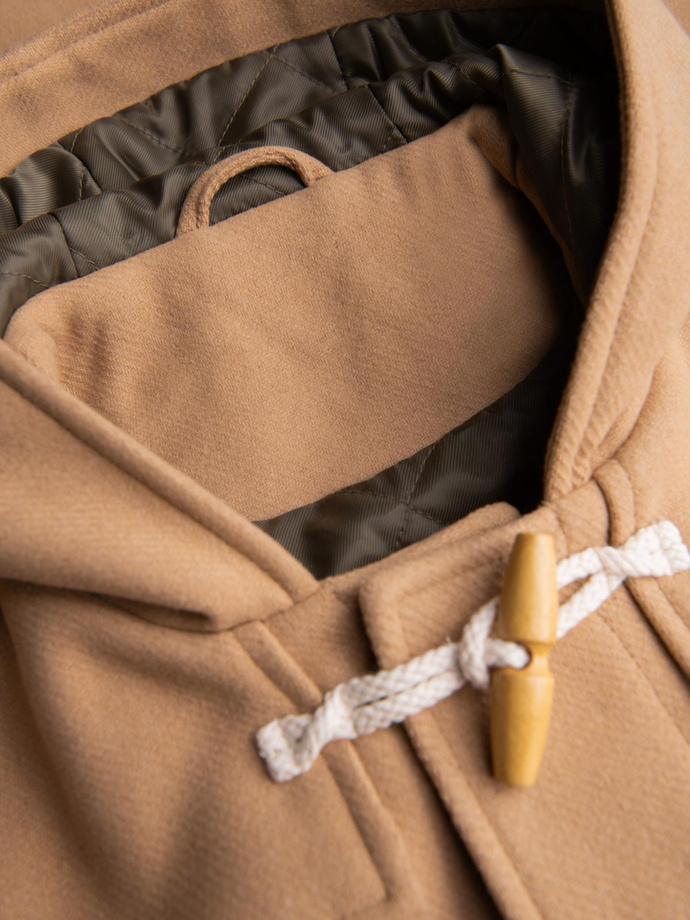 Płaszcz męski z wełną i kapturem duffle coat – jasnobrązowy V1 OM-COWC-0131