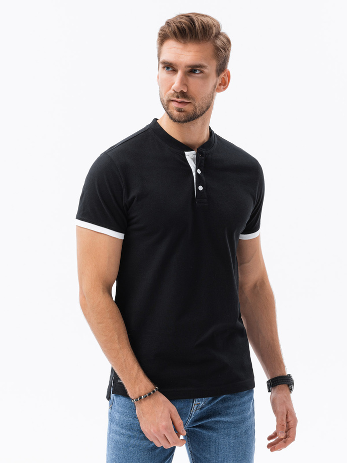 T-shirt męski polo bez kołnierzyka - czarny V8 S1381
