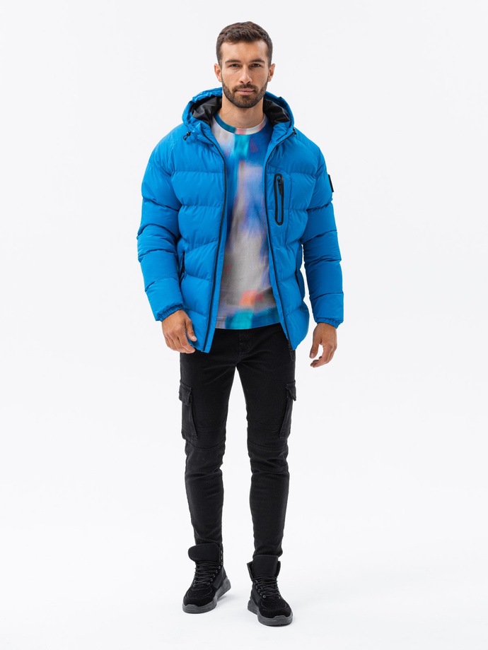 Mocno ocieplana pikowana kurtka męska z raglanowym rękawem – niebieska V2 OM-JAHP-0178
