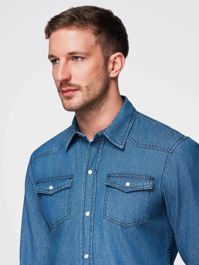 Męska koszula jeansowa na zatrzaski z kieszonkami - niebieska V2 OM-SHDS-0210