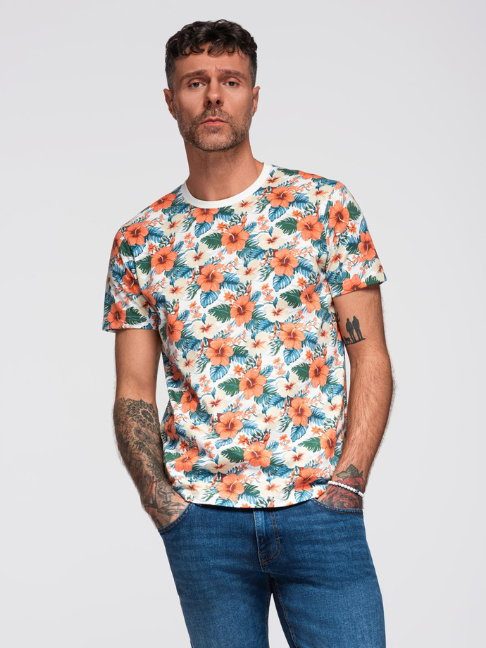 T-shirt męski bawełniany w kwiatowy wzór full print – biały V1 OM-TSFP-0249