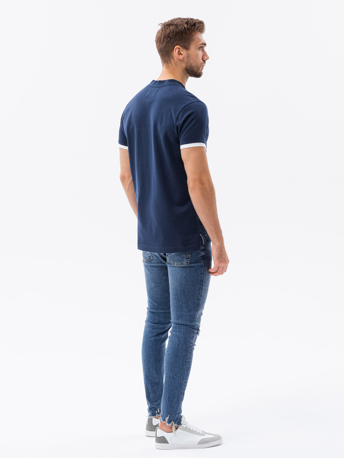 T-shirt męski polo bez kołnierzyka - granatowa V4 S1381