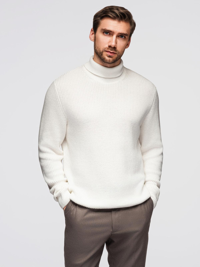 Klasyczny sweter męski z golfem z bawełny - biały V3 OM-SWTN-0162
