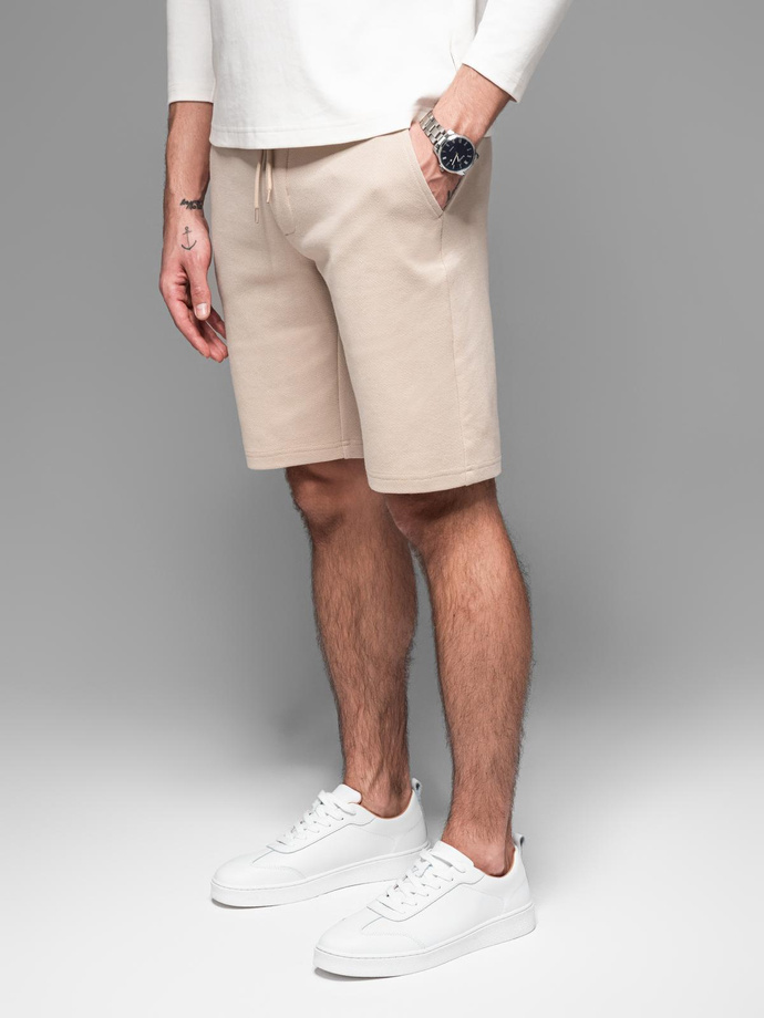 Casualowe szorty męskie SLIM FIT z dzianiny żakardowej – beżowe V2 OM-SRCS-0168