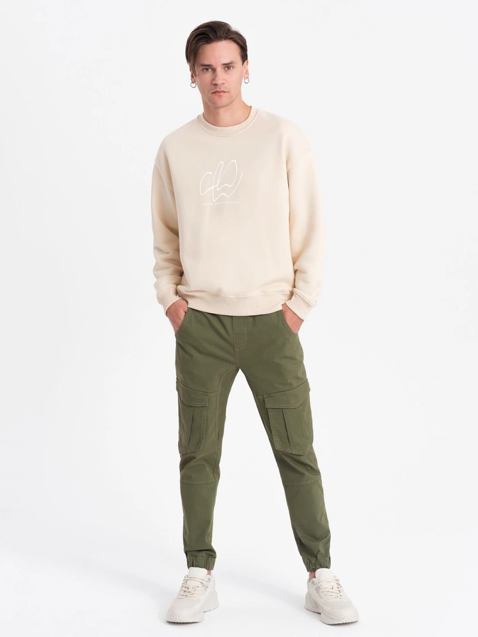 Spodnie męskie JOGGERY z kieszeniami cargo - oliwkowe V18 P886