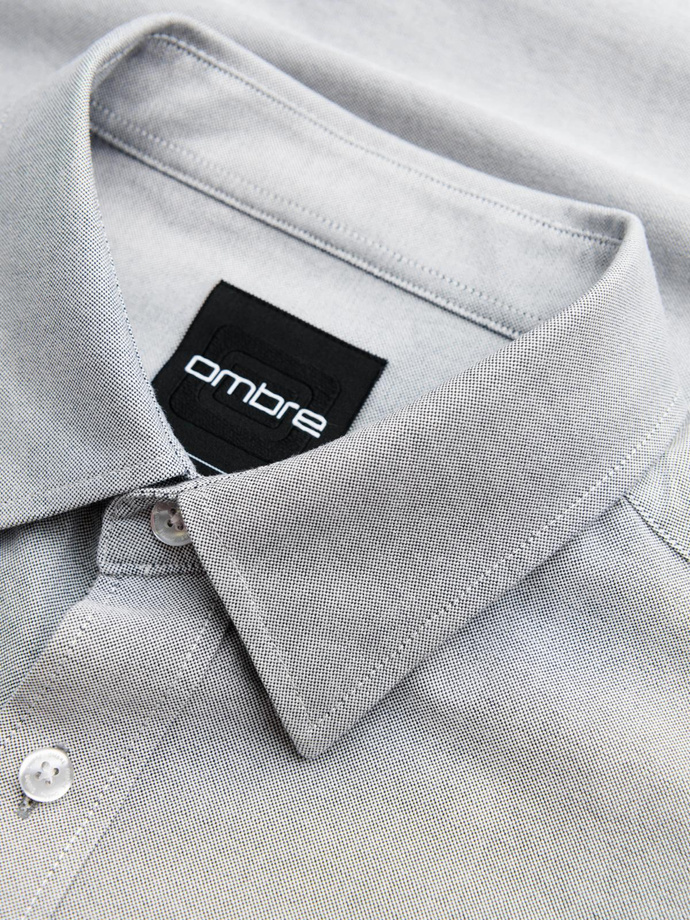 Elegancka koszula męska oxford z haftem – jasnoszara V2 OM-SHOS-0172