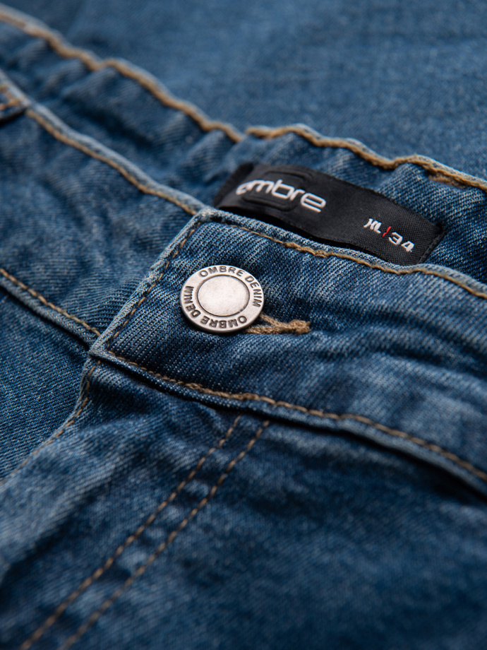 Męskie spodnie jeansowe REGULAR FIT z przetarciami - ciemnoniebieskie V2 OM-PADP-0254