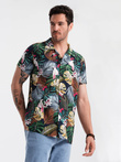 Wzorzysta męska koszula wiskozowa z krótkim rękawem – dżungla V10 OM-SHPS-0113