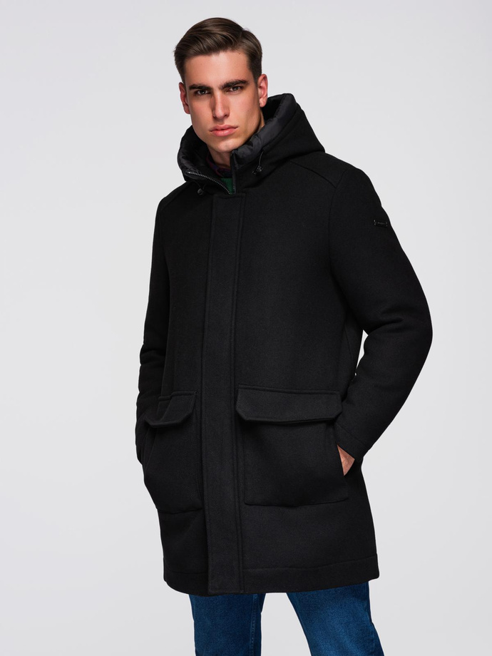 Płaszcz męski parka z wełną i kapturem - czarny V1 OM-COWC-0132
