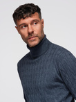 Męski sweter golf z warkoczowym splotem – granatowy V3 OM-SWTN-0157