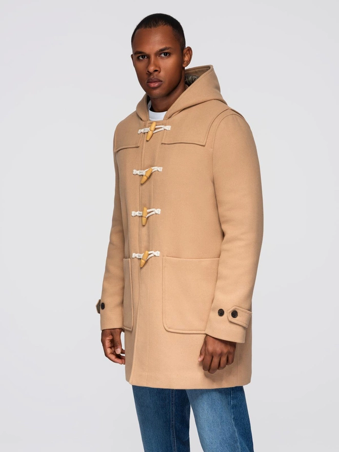 Płaszcz męski z wełną i kapturem duffle coat – jasnobrązowy V1 OM-COWC-0131