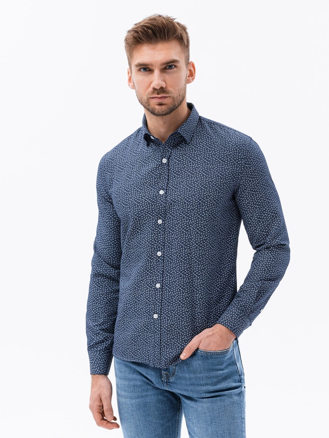 Bawełniana koszula męska z mikro printem paisley REGULAR FIT - granatowa V2 K636