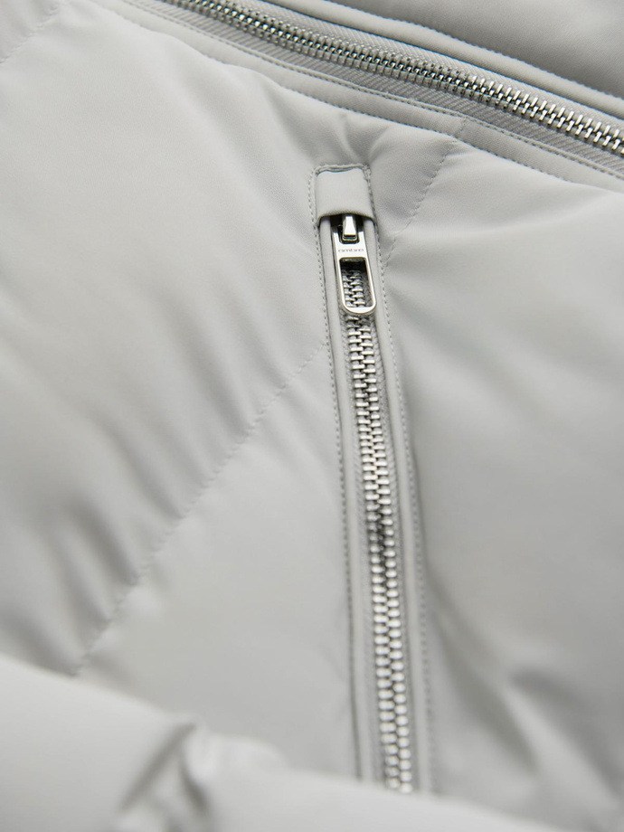 Pikowana kurtka męska o kroju ramoneski z kapturem - jasnoszara V4 OM-JAHP-0252