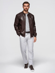 Kurtka męska z imitacji skóry ze stójką - ciemnobrązowa V1 OM-JAFL-0109