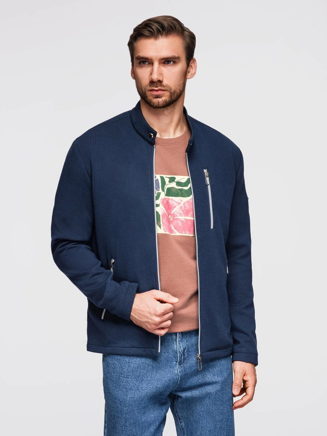 Strukturalna kurtka biker męska ze stójką  – ciemnoniebieska V1 OM-JANP-0229