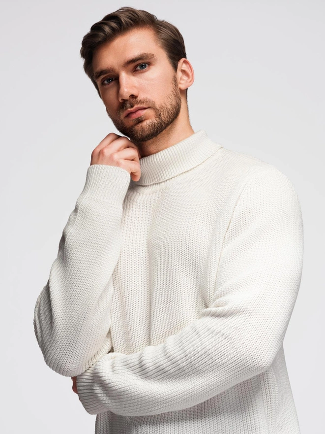 Klasyczny sweter męski z golfem z bawełny - biały V3 OM-SWTN-0162