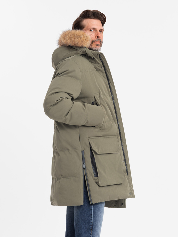 Długa męska kurtka parka z rozpinanym dołem  – ciemnooliwkowa V4 OM-JALJ-0184