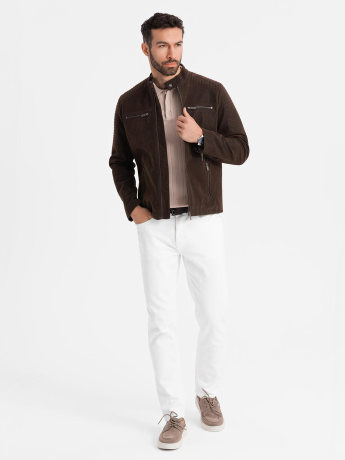 ジャケット・アウター Sillage MANTEAU COURT 3 POCHES Męska kurtka biker w stylu retro ze stójką – brązowa V1 OM