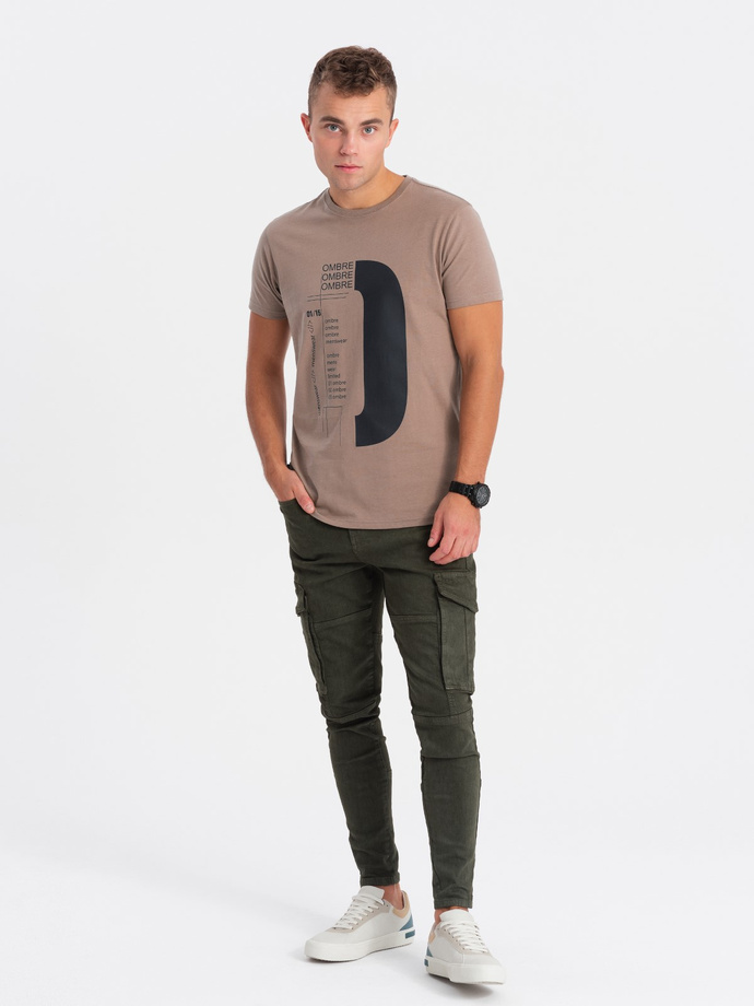 T-shirt męski bawełniany z nadrukiem - jasnobrązowy V2 OM-TSPT-0166