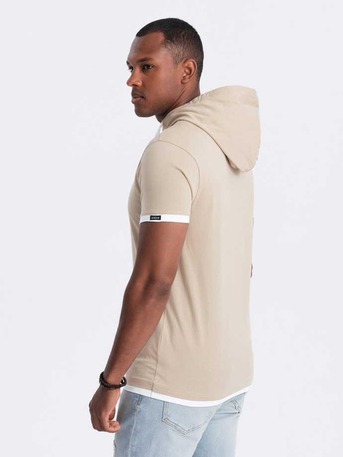 Męski casualowy t-shirt bawełniany z kapturem – beżowy V5 OM-TSCT-22SS-001