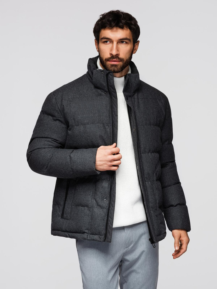 Casualowa męska kurtka puffer z wełną – czarny melanż V2 OM-JAHP-0203