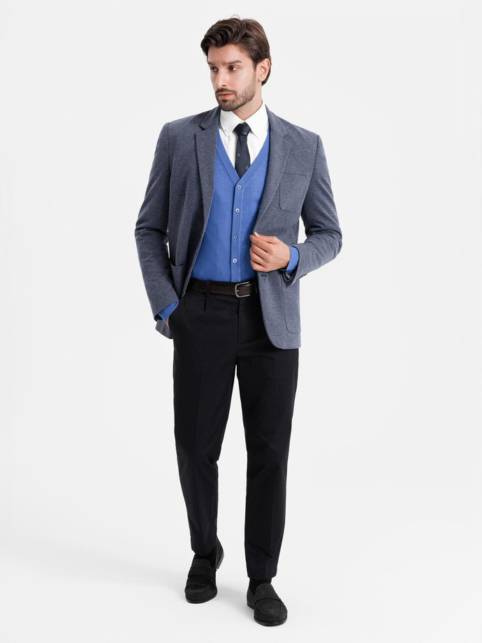 Dopasowana elegancka męska marynarka ze strukturalnej dzianiny – granatowa V1 OM-BLZB-0129