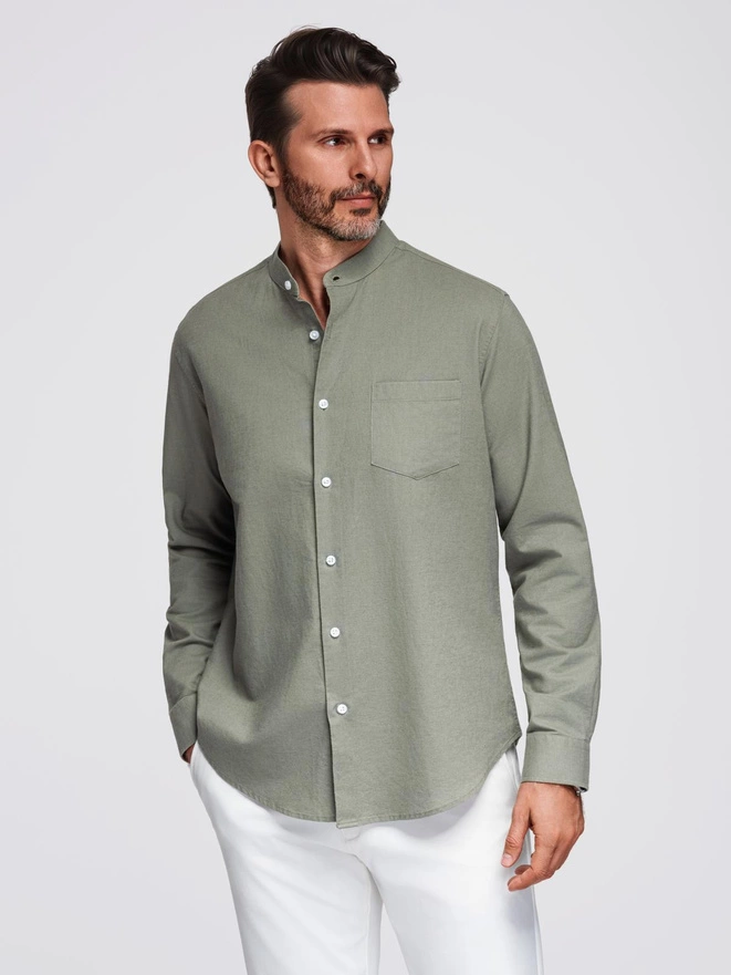 Męska koszula lniana ze stójką i kieszenią REGULAR FIT – khaki V6 OM-SHCS-0161