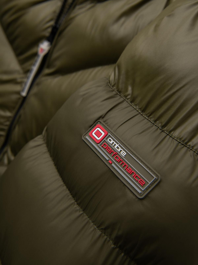 Pikowana nowoczesna kurtka męska z łączonych materiałów – ciemnooliwkowa V3 OM-JAHP-0145
