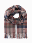 Szalik męski w szkocką kratę z frędzlami – brązowo-ceglasty V2 OM-ACSF-0113