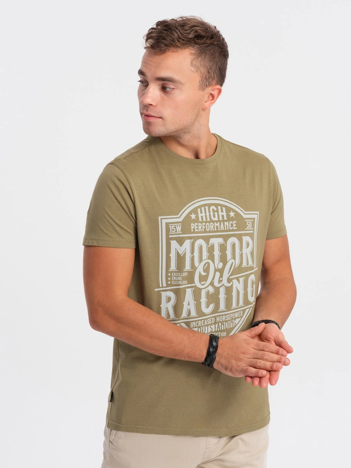 T-shirt męski bawełniany z nadrukiem - oliwkowy V2 S1735