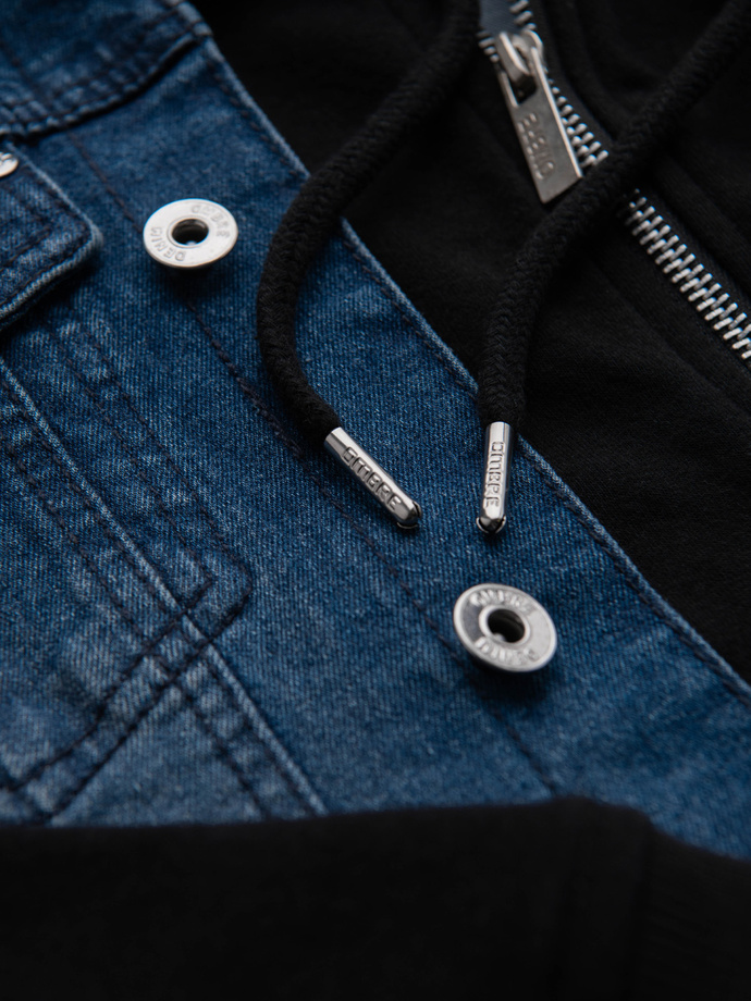 Męska kurtka jeansowa z dzianinowymi rękawami i kapturem – niebiesko-czarna V2 OM-JADJ-0220