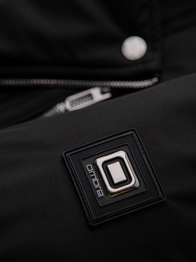 Kurtka pikowana męska o kroju ramoneski z kapturem - czarna V1 OM-JAHP-0252