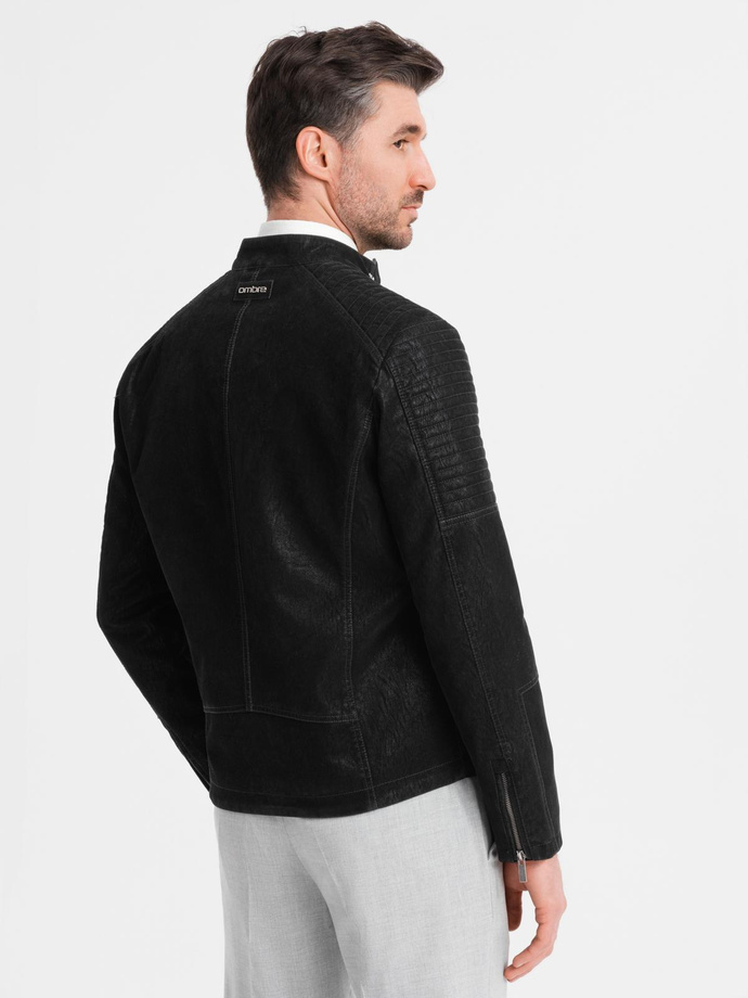 Kurtka męska biker ze stójką w stylu retro – czarna V2 OM-JAFL-0197