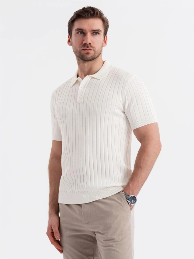 Męska koszulka polo z wiskozą SLIM FIT w pionowy prążek – złamana biel V3 OM-POSS-0143