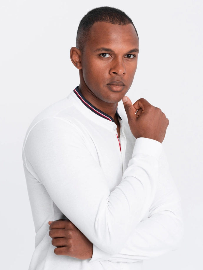 Męska koszula bawełniana SLIM FIT ze stójką w kolorowe paski – biała V1 OM-SHCS-0178