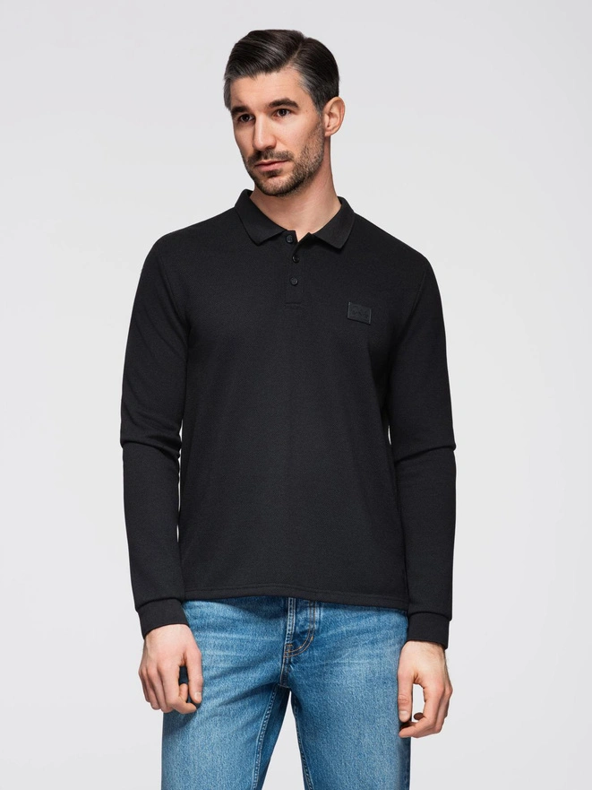 Strukturalny męski longsleeve polo z naszywką – czarny V1 OM-POLS-0131