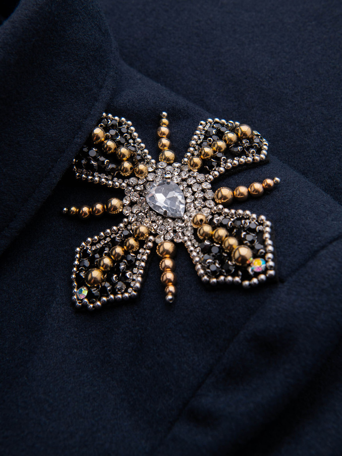 Męski dwurzędowy płaszcz z wełną oraz ozdobnymi aplikacjami na ramionach - V1 granatowy OM-COWC-0150