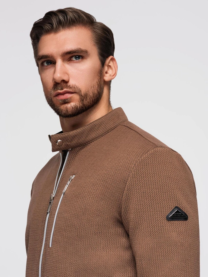 Męska strukturalna kurtka biker ze stójką – brązowa V2 OM-JANP-0229