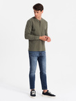 Zapinany pod szyją męski longsleeve z dzianiny waflowej – oliwkowy V1 OM-LSCL-0120